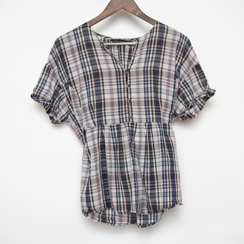 Zara Plaid Button-Front Top Size L